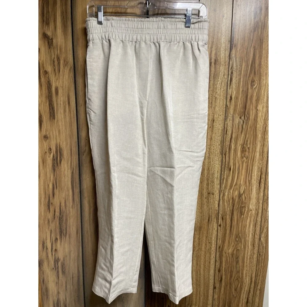 H&M Womens Tan Linen Pants‎ Wide leg pockets elastic waist size S